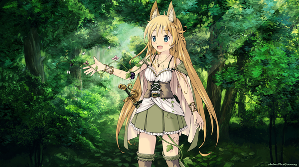 Anime picture 1920x1080 with original shugo19 aki (akisora hiyori) single long hair blush highres open mouth blue eyes smile wide image animal ears looking away cleavage braid (braids) wallpaper outstretched arm side braid lacing girl