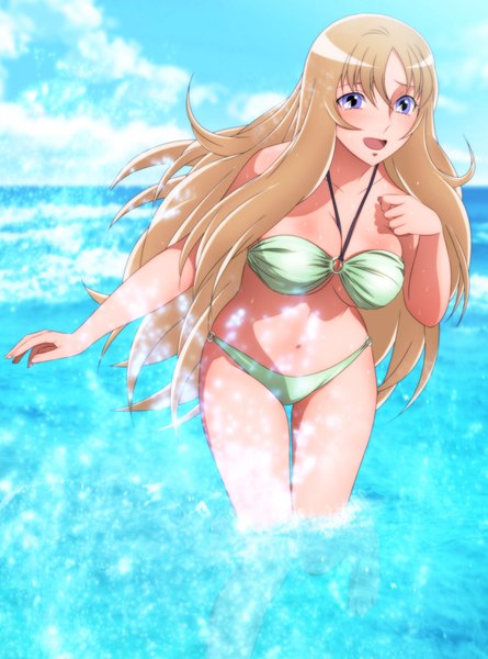 Anime picture 742x1000 with saint seiya toei animation aquila yuna yadokari genpachirou single long hair tall image blush open mouth blue eyes light erotic brown hair looking away sky cloud (clouds) girl navel swimsuit bikini sea