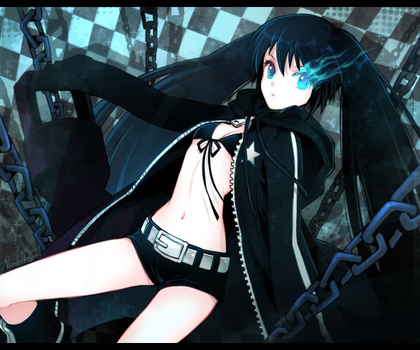 Anime picture 1200x1000 with black rock shooter black rock shooter (character) nardack single black hair twintails aqua eyes open clothes midriff open shirt glowing glowing eye (eyes) checkered checkered background star print girl navel jacket shorts belt
