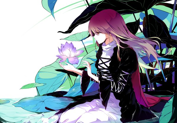 Anime picture 1143x796 with touhou hijiri byakuren sam ashton single long hair sitting purple eyes looking away purple hair profile wind sad girl dress flower (flowers) lotus