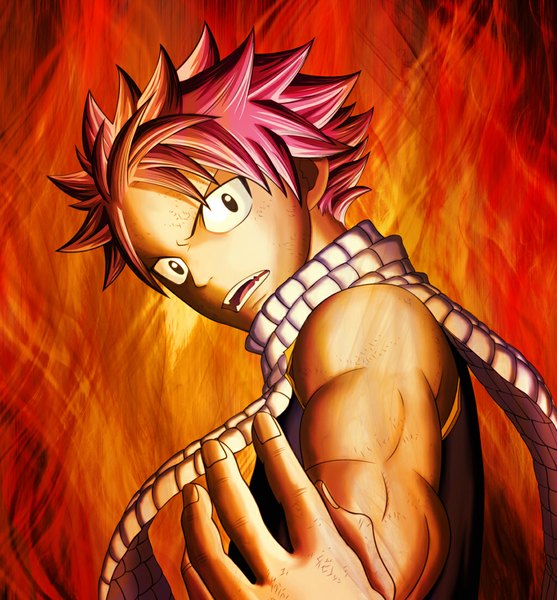 Anime picture 1024x1103 with fairy tail natsu dragneel leackim7891 single tall image looking at viewer short hair open mouth pink hair black eyes teeth coloring portrait muscle sharp teeth boy scarf fire