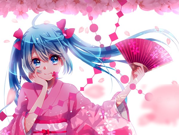 Anime picture 1040x783 with vocaloid hatsune miku aisusuki single long hair looking at viewer blue eyes twintails blue hair ahoge traditional clothes japanese clothes girl bow hair bow petals kimono fan