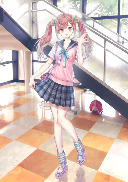 Anime picture 2893x4092 with blue reflection gust (company) inoue chihiro kishida mel single long hair tall image looking at viewer blush fringe highres open mouth smile brown hair standing twintails brown eyes indoors official art standing on one leg