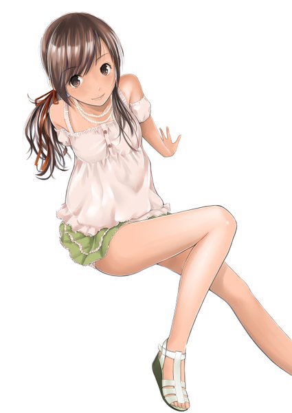 Anime picture 2149x3035 with original hitori (htr t) single long hair tall image highres simple background smile brown hair white background brown eyes girl necklace sundress
