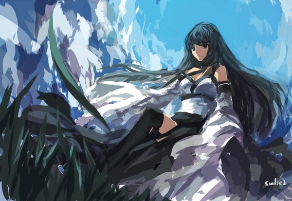 Anime picture 1712x1181 with original swd3e2 single long hair highres black hair signed sky cloud (clouds) black eyes girl thighhighs black thighhighs plant (plants) detached sleeves grass