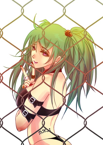 Anime picture 1191x1684 with vocaloid hatsune miku chaos (artist) single long hair tall image looking at viewer breasts light erotic simple background large breasts white background ahoge nail polish pink eyes fingernails green hair tattoo alternate costume victory