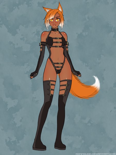 Anime picture 3000x4000 with ronin dude (ray cornwell) single tall image blush highres short hair light erotic animal ears tail animal tail lips orange hair orange eyes dark skin fox girl girl gloves navel elbow gloves collar