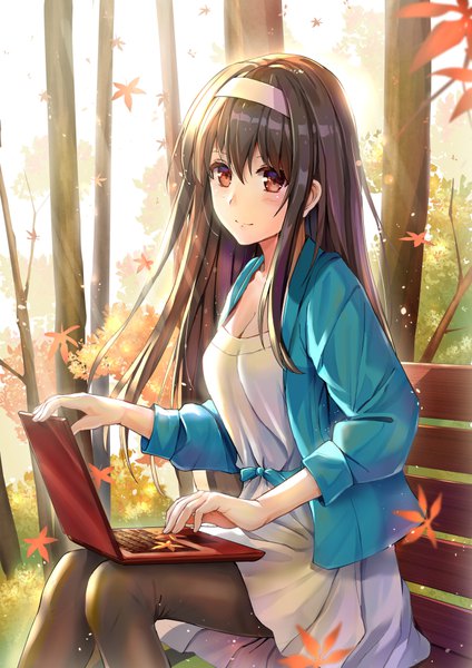 Anime picture 707x1000 with saenai heroine no sodatekata a-1 pictures kasumigaoka utaha qian wu atai single long hair tall image looking at viewer blush fringe breasts black hair hair between eyes sitting holding brown eyes cleavage long sleeves light smile open jacket