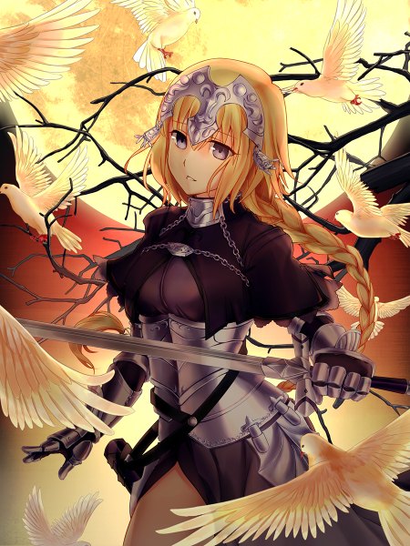 Anime picture 900x1200 with fate (series) fate/apocrypha type-moon jeanne d'arc (fate) (all) jeanne d'arc (fate) deanna long hair tall image looking at viewer fringe blue eyes blonde hair holding sky braid (braids) parted lips single braid flying bare tree red sky