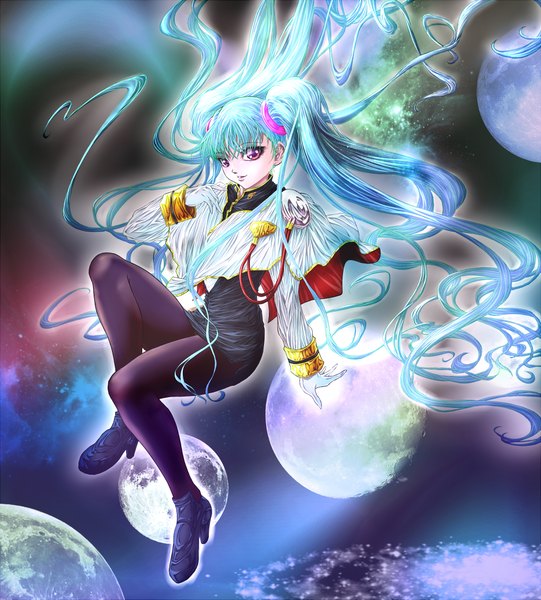 Anime picture 2000x2217 with martian successor nadesico xebec hoshino ruri auge (akd) long hair tall image highres red eyes twintails green hair space girl gloves uniform military uniform planet galaxy