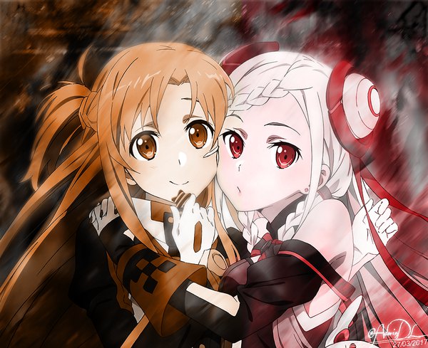 Anime picture 1092x890 with sword art online sword art online the movie: ordinal scale a-1 pictures yuuki asuna yuna (sao) dl-kun long hair looking at viewer smile red eyes brown hair multiple girls brown eyes signed upper body white hair braid (braids) hug piercing dated