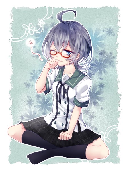 Anime picture 1000x1345 with ensemble girls! hotori kannazuki uranaishi (miraura) single tall image looking at viewer short hair blue eyes simple background sitting ahoge indian style girl skirt uniform flower (flowers) school uniform socks glasses black socks