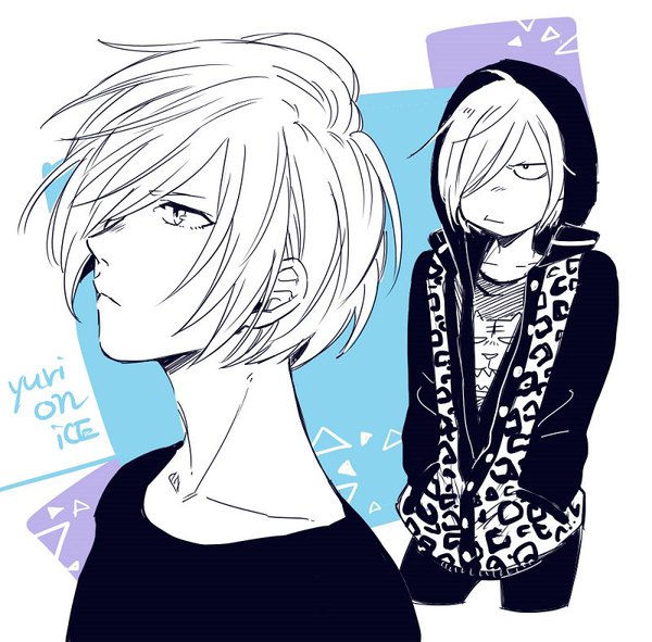 Anime picture 800x788 with yuri!!! on ice mappa yuri plisetsky hanatarex fringe short hair hair over one eye multiple boys copyright name monochrome hands in pockets dual persona animal print frown pout leopard print boy hood 2 boys hoodie
