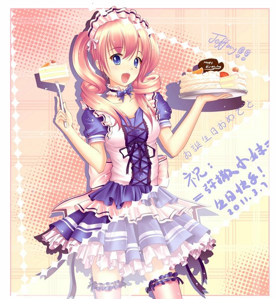 Anime picture 1100x1190 with jeffery (backam) long hair tall image open mouth blue eyes orange hair maid drill hair hieroglyph dated happy birthday girl dress frills headdress sweets bowtie maid headdress cake
