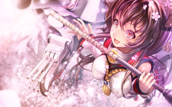 Anime picture 1728x1080 with kantai collection yamato super battleship pakupaku choppu single long hair blush highres breasts open mouth large breasts looking away ponytail traditional clothes japanese clothes pink eyes hair flower from above cherry blossoms girl hair ornament