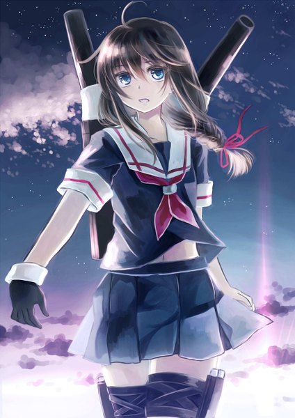 Anime picture 870x1230 with kantai collection shigure destroyer miyakure single long hair tall image looking at viewer blue eyes brown hair sky cloud (clouds) ahoge braid (braids) evening girl skirt gloves ribbon (ribbons) weapon hair ribbon