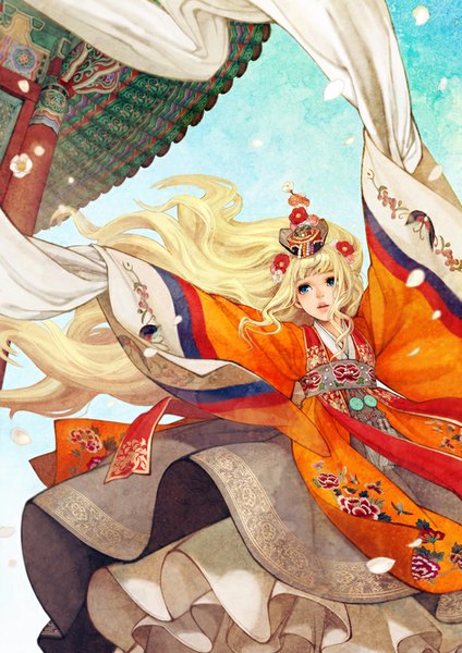 Anime picture 650x920 with original obsidian single long hair tall image blue eyes blonde hair looking away sky long sleeves traditional clothes hair flower wind wide sleeves looking up korean clothes girl hair ornament flower (flowers) headdress