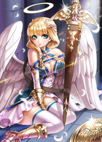 Anime picture 720x1000 with original bbbox (hotpppink) single tall image breasts blue eyes sitting bare shoulders holding looking away braid (braids) single braid side braid angel wings white wings glow angel girl thighhighs hair ornament