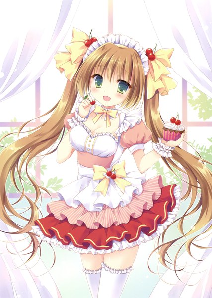 Anime picture 2489x3500 with original hasekura chiaki single tall image looking at viewer blush highres open mouth brown hair twintails green eyes very long hair scan official art girl thighhighs dress bow ribbon (ribbons) hair ribbon