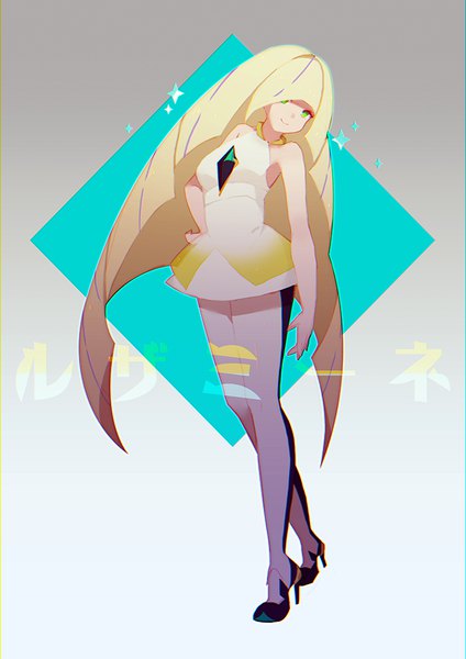 Anime picture 707x1000 with pokemon pokemon sm nintendo lusamine (pokemon) vienri single tall image looking at viewer fringe blonde hair bare shoulders green eyes full body very long hair head tilt hair over one eye high heels hand on hip gradient background girl