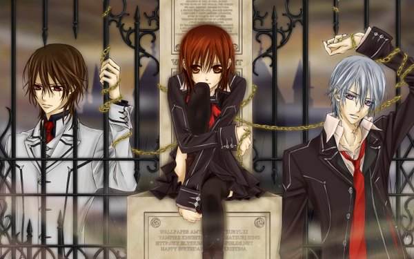 Anime picture 2560x1600 with vampire knight studio deen cross yuki kiryuu zero clan kaname looking at viewer highres short hair red eyes brown hair standing sitting purple eyes brown eyes silver hair multiple boys tattoo open collar bondage bound hands