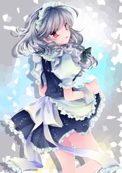 Anime picture 1753x2480 with touhou izayoi sakuya mikazuki sara single tall image highres red eyes silver hair braid (braids) looking back from behind maid girl bow headdress maid headdress