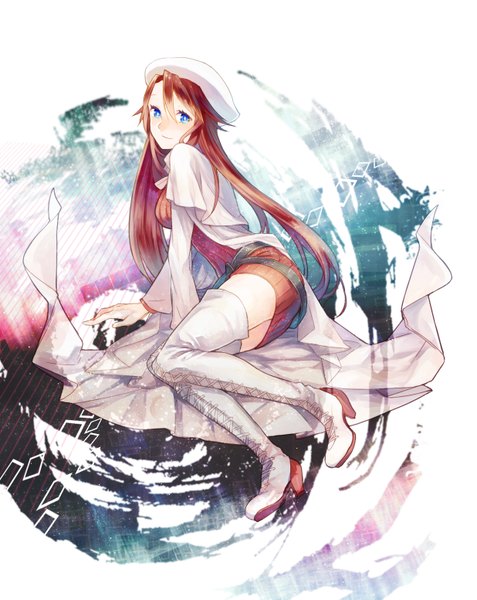 Anime picture 1236x1554 with summon night summon night 3 aty (summon night) sarai single long hair tall image looking at viewer blush blue eyes smile brown hair sitting lacing girl thigh boots beret