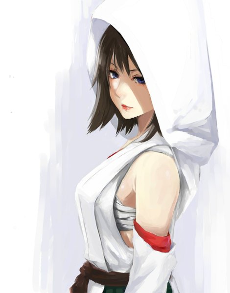 Anime picture 941x1200 with kantai collection hiei battleship venezia (fanfoo) single tall image looking at viewer short hair blue eyes simple background brown hair white background traditional clothes japanese clothes shadow girl detached sleeves belt hood