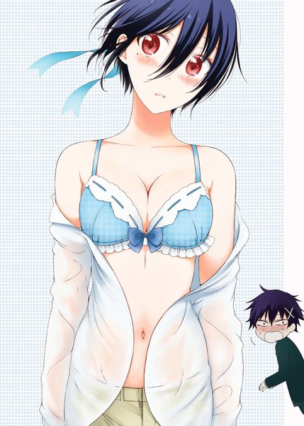 Anime picture 1280x1791 with nisekoi shaft (studio) tsugumi seishirou ichijou raku gumyy tall image looking at viewer blush short hair breasts open mouth light erotic red eyes bare shoulders blue hair cleavage open clothes teeth bare belly open shirt