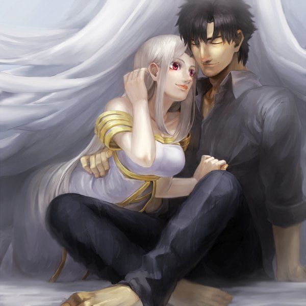 Anime picture 1000x1000 with fate (series) fate/zero type-moon irisviel von einzbern emiya kiritsugu ruchi long hair fringe short hair breasts black hair smile red eyes large breasts sitting bare shoulders white hair eyes closed barefoot no shoes