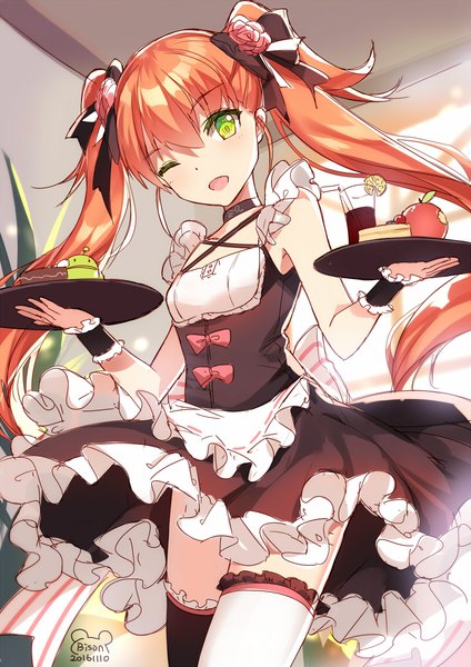 Anime picture 800x1131 with shaonyu cofee gun bison cangshu single long hair tall image looking at viewer blush open mouth smile twintails green eyes signed one eye closed wink orange hair maid sleeveless dated ;d different thighhighs