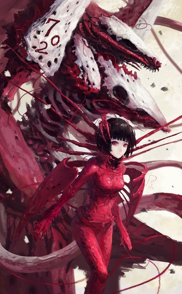 Anime picture 1240x2000 with sidonia no kishi hoshijiro shizuka gauna tuzki tall image looking at viewer fringe short hair black hair smile red eyes standing skeleton girl skull monster placenta (sidonia no kishi)