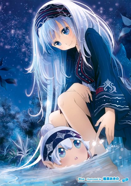 Anime picture 2471x3500 with original miyabi akino long hair tall image blush highres blue eyes smile sitting blue hair girl plant (plants) water hairband child (children)