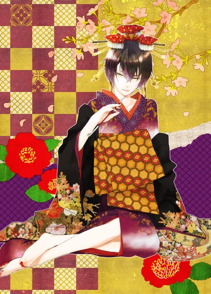 Anime picture 1134x1577 with katekyou hitman reborn hibari kyouya yucca single tall image short hair black hair yellow eyes nail polish traditional clothes barefoot red nail polish genderswap checkered background toenail polish boy hair ornament petals branch