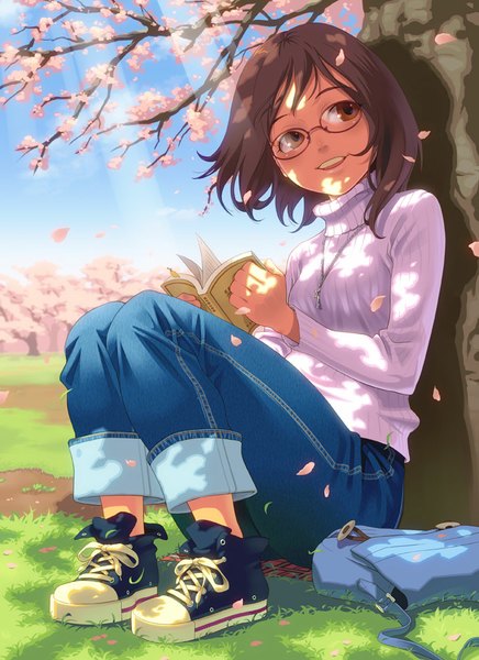 Anime picture 727x1000 with original pairan single tall image short hair smile brown hair sitting brown eyes sky bent knee (knees) parted lips sunlight cherry blossoms sunbeam girl plant (plants) petals tree (trees) shoes