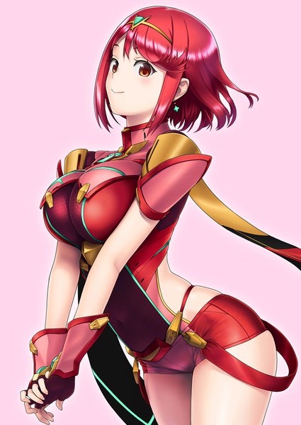 Anime picture 717x1012 with xenoblade xenoblade 2 pyra (xenoblade) tanaka shoutarou single tall image looking at viewer blush fringe short hair breasts light erotic simple background smile red eyes large breasts red hair pink background girl gloves