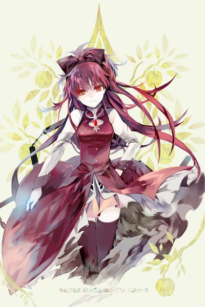 Anime picture 985x1478 with mahou shoujo madoka magica shaft (studio) sakura kyouko fori single long hair tall image looking at viewer red eyes red hair zettai ryouiki magical girl girl thighhighs skirt bow black thighhighs hair bow detached sleeves miniskirt