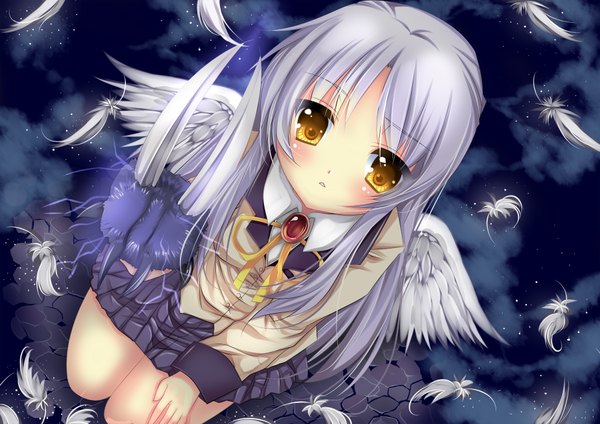 Anime picture 2000x1414 with angel beats! key (studio) tachibana kanade usagihime highres yellow eyes silver hair angel wings girl serafuku feather (feathers)