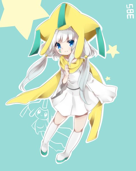 Anime picture 1200x1500 with pokemon moemon nintendo jirachi takeshima eku single long hair tall image looking at viewer blue eyes simple background smile twintails silver hair full body long sleeves from above low twintails facial mark gen 3 pokemon