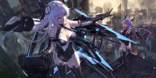Anime picture 4252x2126 with choujigen game neptune purple heart black heart swd3e2 fringe highres breasts light erotic hair between eyes wide image large breasts standing multiple girls signed payot absurdres cleavage silver hair purple hair braid (braids)