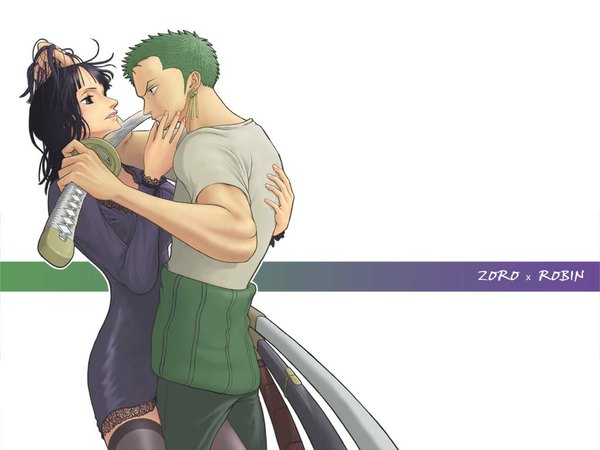Anime picture 1024x768 with one piece toei animation nico robin roronoa zoro dugan long hair short hair black hair simple background standing white background holding profile green hair character names hand on another's face hair grab girl thighhighs dress