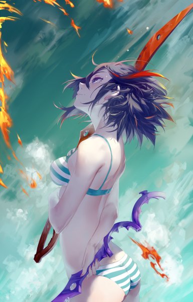 Anime picture 800x1245 with kill la kill studio trigger matoi ryuuko cici single tall image short hair blue eyes light erotic black hair holding looking away red hair multicolored hair two-tone hair streaked hair underwear only dual wielding girl underwear