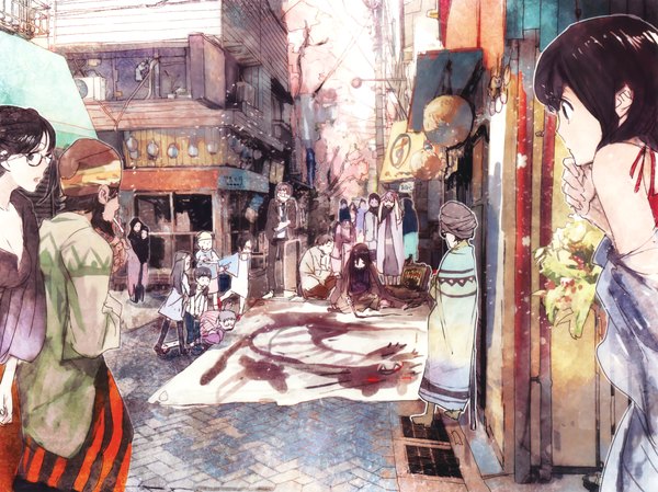 Anime picture 3300x2473 with original eshi 100-nin ten humi (artist) long hair highres brown hair absurdres scan scenic painting flower (flowers) glasses headdress building (buildings) suit child (children) beard people turban