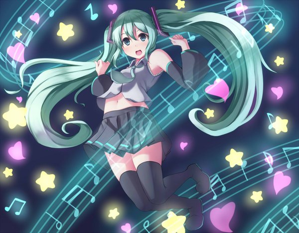 Anime picture 1600x1250 with vocaloid hatsune miku nicoby single long hair blush open mouth twintails bent knee (knees) pleated skirt aqua eyes aqua hair jumping girl skirt navel detached sleeves necktie heart star (symbol)
