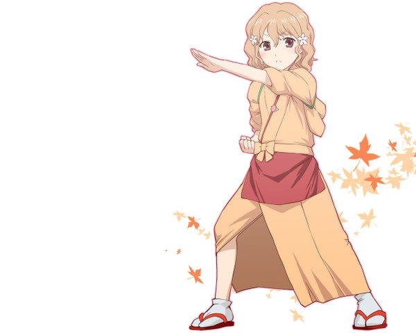 Anime picture 1280x1024 with hanasaku iroha p.a. works matsumae ohana single looking at viewer blush short hair simple background blonde hair white background brown eyes traditional clothes girl hair ornament leaf (leaves)