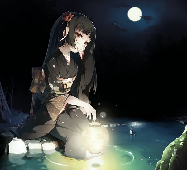 Anime picture 1082x990 with original nekomu single long hair black hair sitting yellow eyes cloud (clouds) japanese clothes hair flower night night sky finger to mouth girl hair ornament water belt kimono moon lantern
