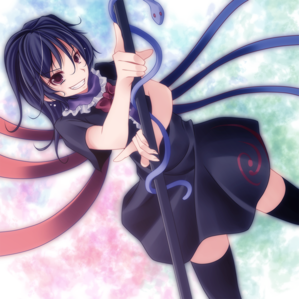 Anime picture 1500x1500 with touhou houjuu nue s-syogo single short hair black hair red eyes girl thighhighs dress black thighhighs wings snake
