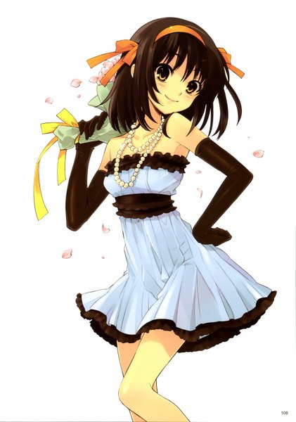 Anime picture 4723x6738 with suzumiya haruhi no yuutsu kyoto animation suzumiya haruhi itou noiji tall image looking at viewer blush highres short hair simple background smile brown hair white background bare shoulders brown eyes absurdres official art sleeveless hand on hip formal