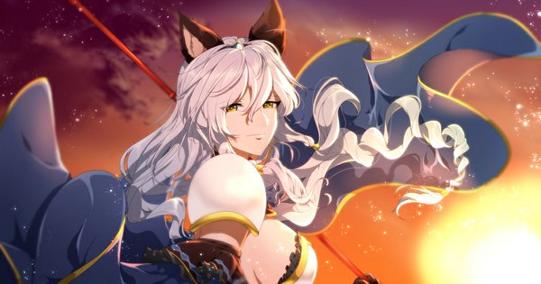 Anime picture 1035x544 with granblue fantasy heles laila litta single long hair looking at viewer fringe breasts light erotic smile wide image large breasts holding animal ears yellow eyes silver hair cloud (clouds) upper body wind sunlight