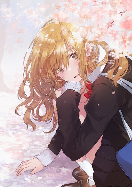 Anime picture 595x842 with original fly (marguerite) single long hair tall image looking at viewer blush fringe blonde hair hair between eyes brown eyes pleated skirt from above cherry blossoms wavy hair squat girl skirt uniform school uniform